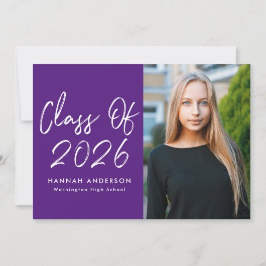 Modern Script Purple Foto Graduation Party Einladung (Vorderseite)