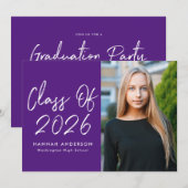 Modern Script Purple Foto Graduation Party Einladung (Vorne/Hinten)