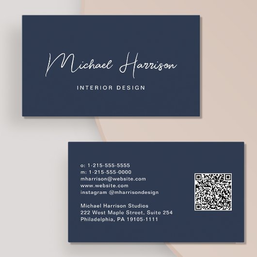 Modern Script QR Code Beruflich Blue Visitenkarte