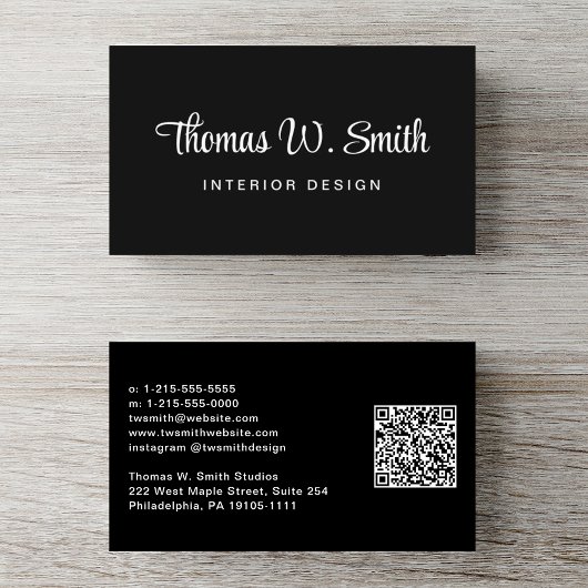 Modern Script QR Code Black Visitenkarte