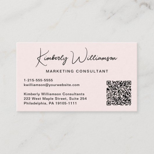 Modern Script QR Code Professional Pink Visitenkarte (Vorderseite)