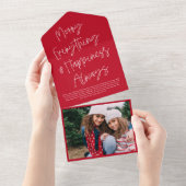 Modern Script Red Christmas Holiday Foto Card All In One Einladung (Abreißen)