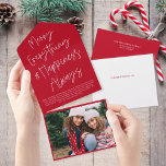 Modern Script Red Christmas Holiday Foto Card All In One Einladung<br><div class="desc">Dieses lustige Urlaubsfoto-Design zeichnet sich durch einen klassischen, weißen und roten Hintergrund aus, mit einem modernen Kalligraphieskript-Gruß und einem horizontalen Foto. Der Gruß sagt "Merry Everything & Happiness Always". Auf der Außenseite der Karte ist Ihre Rücksendeadresse und ein weiterer personalisierter Gruß. Wenn das Foto als Keepsake zerrissen wird, wird der...</div>