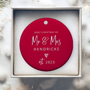 Modern Script Red Erste Weihnachten Herr und Fra Keramik Ornament
