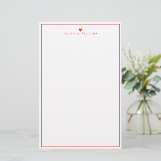 Modern Script Red Heart Border Monogram Briefpapier (Stehend Vorderseite)