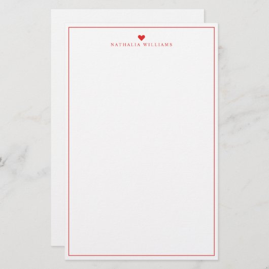 Modern Script Red Heart Border Monogram Briefpapier (Vorne/Hinten)