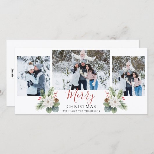 Modern Script Red & White Frohe Weihnachten 3 Foto (Vorne/Hinten)