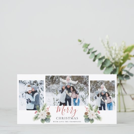 Modern Script Red & White Frohe Weihnachten 3 Foto (Stehend Vorderseite)