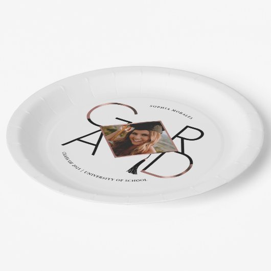 Modern Script Rose Gold Tassel Grad Foto Frame Pappteller (Schrägansicht)