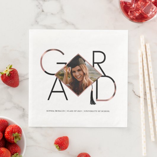 Modern Script Rose Gold Tassel Grad Foto Frame Serviette (Beispiel)