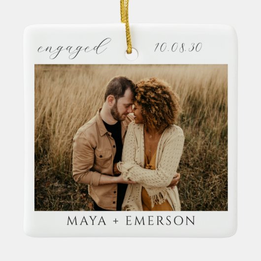 Modern Script Rustic Engagement Photo Keepsake Keramikornament (Vorderseite)