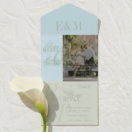 Modern Script Sage Green and Blue Wedding All In One Einladung