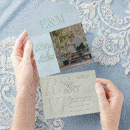 Modern Script Sage Green and Blue Wedding All In One Einladung