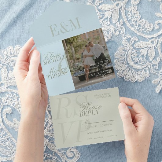 Modern Script Sage Green and Blue Wedding All In One Einladung