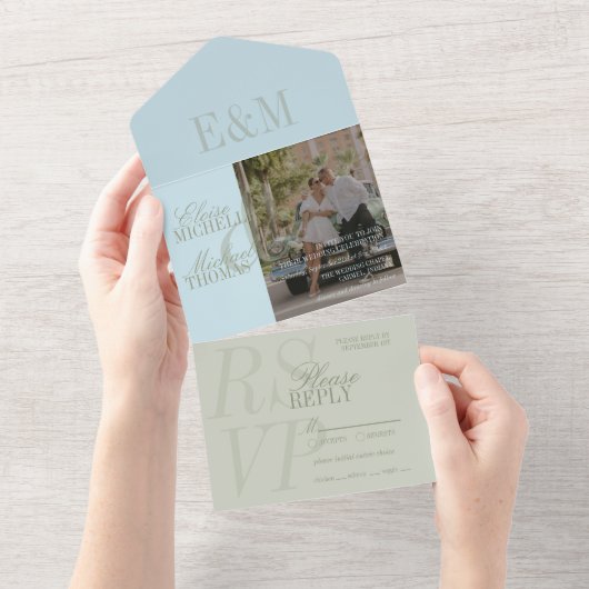 Modern Script Sage Green and Blue Wedding All In One Einladung (Abreißen)