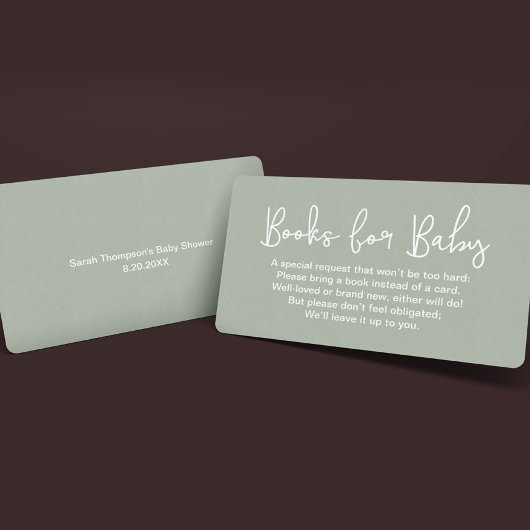 Modern Script Sage Green Baby Dusche Buchanfrage Begleitkarte