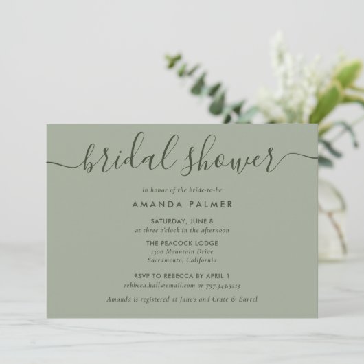 Modern Script Sage Green Brautparty Einladung (Stehend Vorderseite)