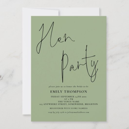 Modern Script Sage Green Hen Party Einladung (Vorderseite)