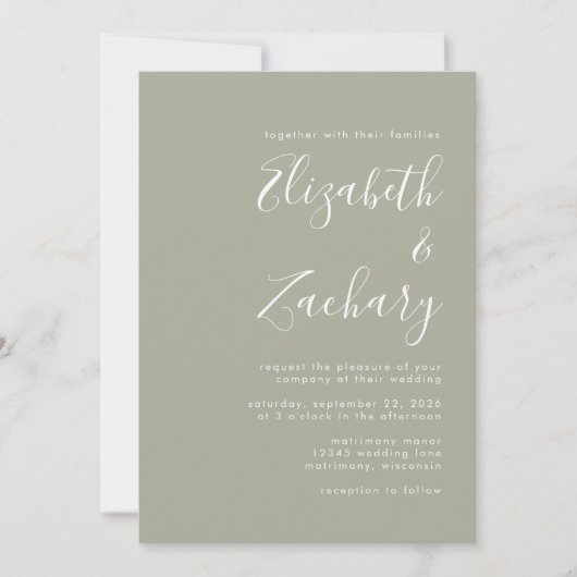 Modern Script Sage Green Wedding Einladung (Vorderseite)