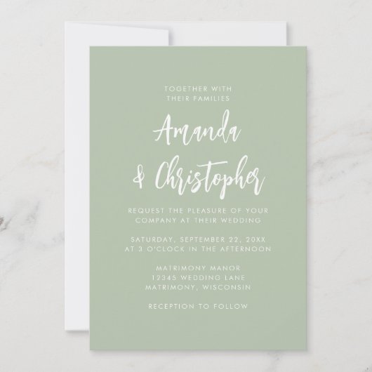 Modern Script Sage Green Wedding Einladung (Vorderseite)
