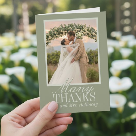 Modern Script Sage Green Wedding Photo Dankeskarte
