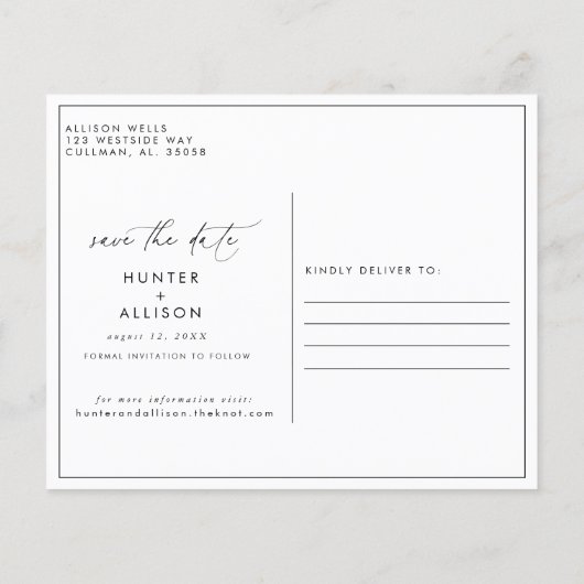 Modern Script Save the Date Post Card (Rückseite)