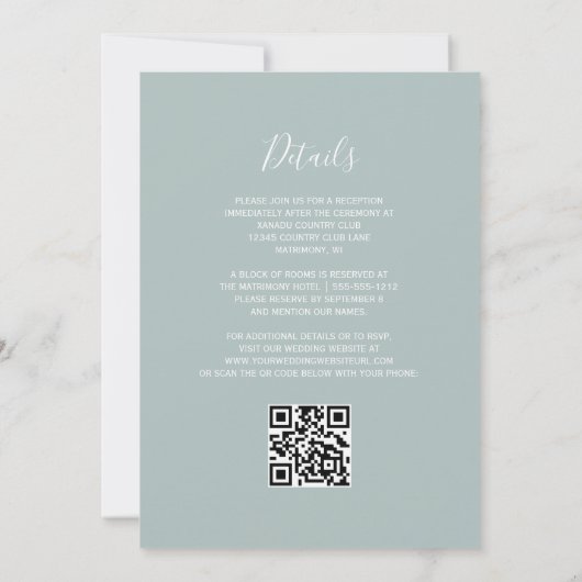 Modern Script Sea Glass Green QR Code Wedding Einladung (Rückseite)