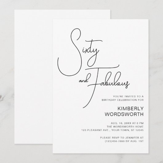 Modern Script Sixty and Fabulous 60th Birthday Einladung (Vorne/Hinten)