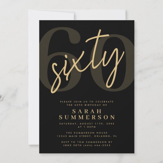 Modern Script Sixty Black Gold 60th Birthday Party Einladung (Vorderseite)