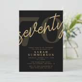 Modern Script Sixty Black Gold 70th Birthday Party Einladung (Stehend Vorderseite)