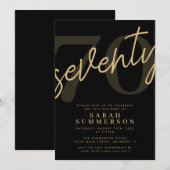 Modern Script Sixty Black Gold 70th Birthday Party Einladung (Vorne/Hinten)
