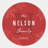 Modern Script Snowflakes Family Name Holiday Favor Runder Aufkleber (Vorderseite)