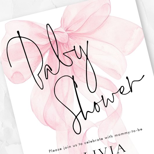 Modern Script Soft Pink Bow Baby Shower Einladung