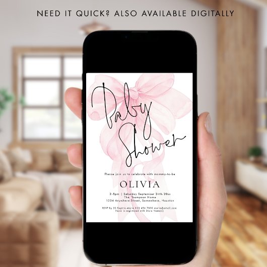 Modern Script Soft Pink Bow Baby Shower Einladung