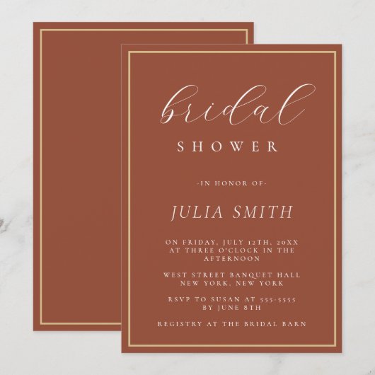 Modern Script Terracotta Bridal Dusche Einladung (Vorne/Hinten)