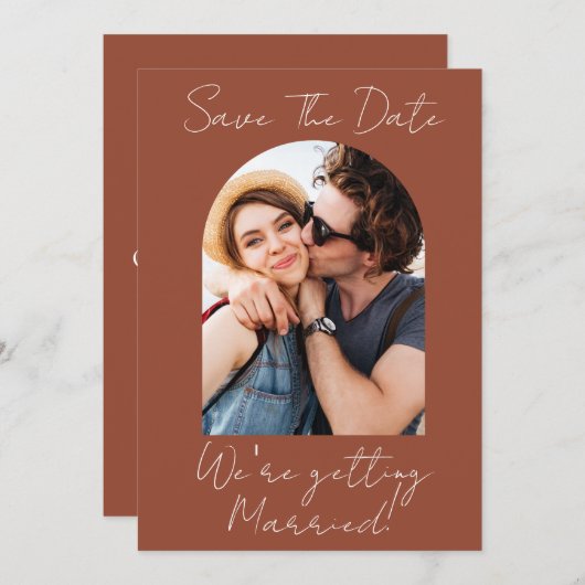 Modern Script Terracotta Photo Monogram  Save The Date (Vorne/Hinten)