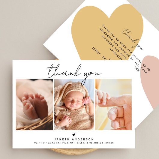 Modern Script Thank You 3 Photos Baby Shower  Dankeskarte