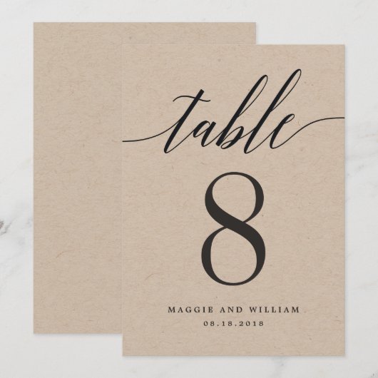 Modern Script Tischnummer Card Kraft (Vorne/Hinten)