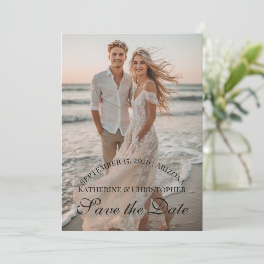 Modern Script Two Beach Photos Destination Wedding Save The Date (Stehend Vorderseite)