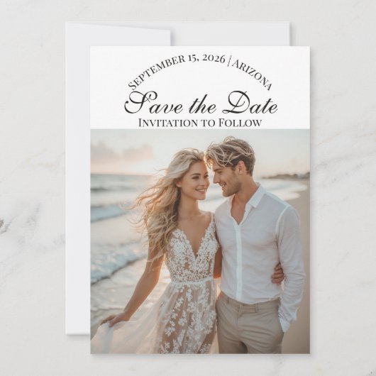 Modern Script Two Beach Photos Destination Wedding Save The Date (Rückseite)
