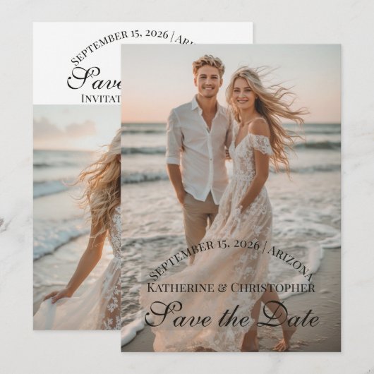 Modern Script Two Beach Photos Destination Wedding Save The Date (Vorne/Hinten)
