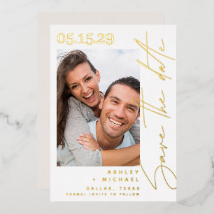 Modern Script Typografy Foto Save the Date Gold Folieneinladung
