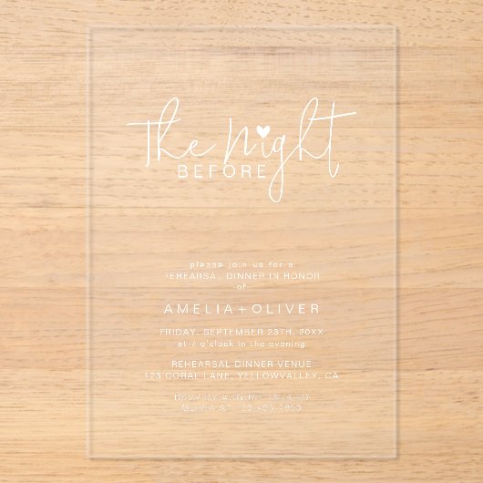 Modern Script Typography Rehearsal Dinner Acryleinladungen (Vorderseite)