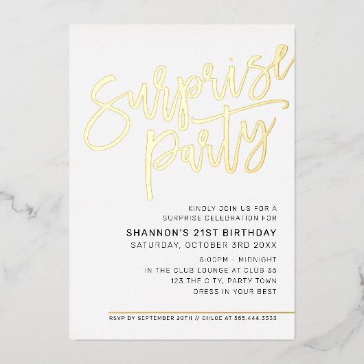 MODERN SCRIPT Überraschungsgeburtstag Party schwar Folieneinladung (Vorderseite)