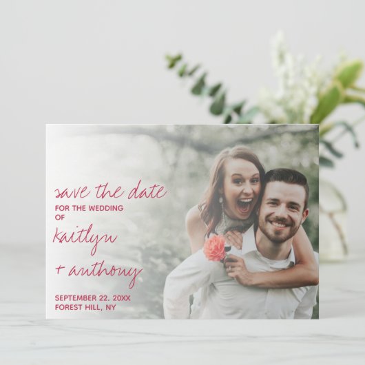 Modern Script Viva Magenta Minimalistic Photo Save The Date (Stehend Vorderseite)