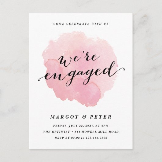 Modern Script Watercolor Engagement Party Einladungspostkarte (Vorderseite)