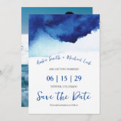 Modern Script Watercolor Indigo Blue Foto Save The Date (Vorne/Hinten)