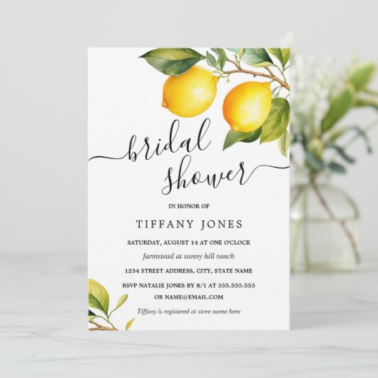 Modern Script Watercolor Lemon Brautparty Einladung (Stehend Vorderseite)