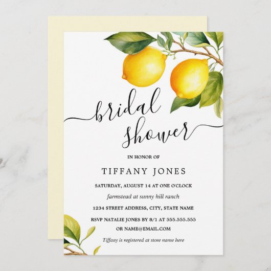 Modern Script Watercolor Lemon Brautparty Einladung (Vorne/Hinten)