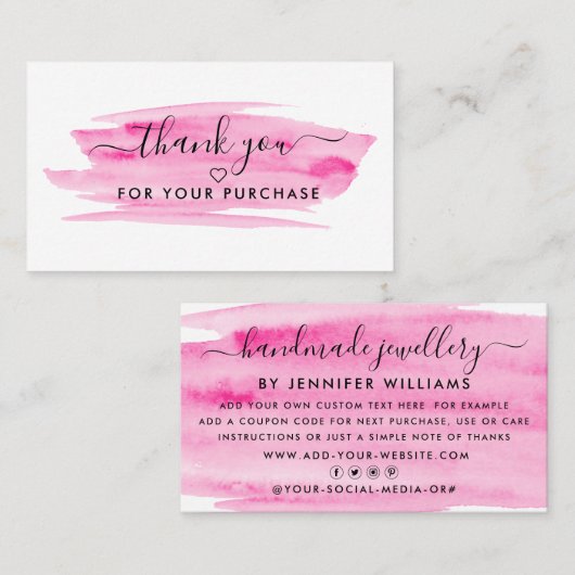 Modern Script Watercolor Pinselstrich Danke Visitenkarte (Vorne/Hinten)